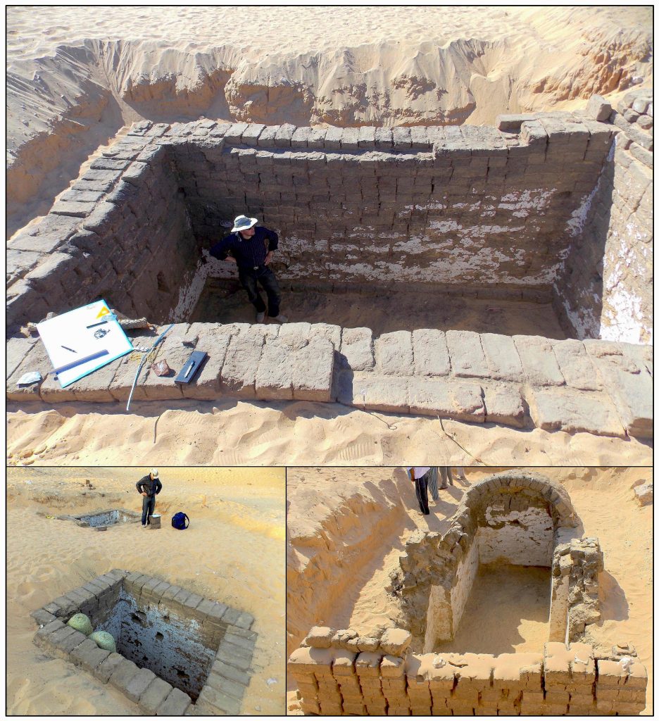 Les quatre « puits » découverts près de la tombe à bateau. Le dernier, en bas à droite, s'ouvre sur une petite salle voûtée. − © International Journal of Nautical Archaeology.
